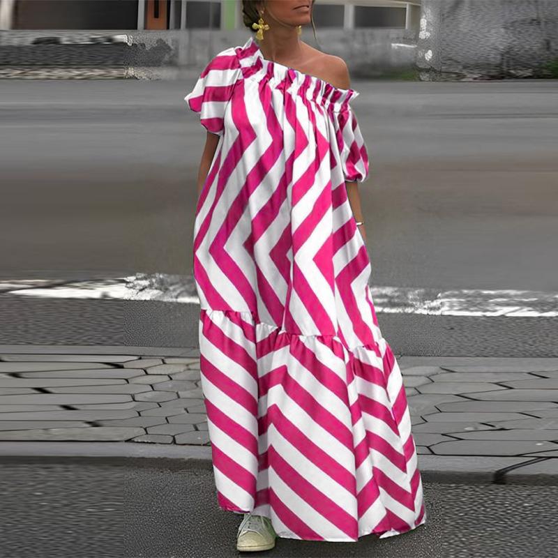 Женские летние платья большого размера с открытыми плечами и короткими рукавами в полоску с принтом