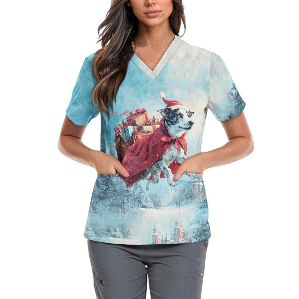 Женская милая блузка с принтом бантиков, рабочая одежда, V-образный вырез, двойной слой, карманы, базовая, с коротким рукавом, пуловер