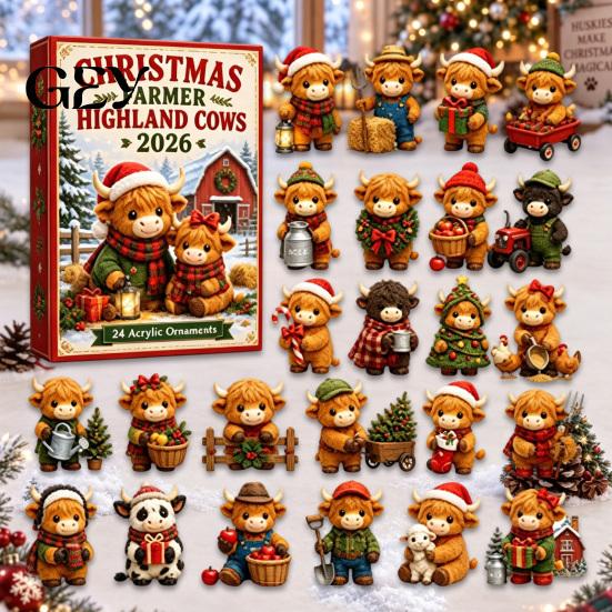 24 Day Surprising Box Christmas Highland Cow Advent Calendar, Cute 3D Collectible Mini Festive Countdown Party Favors Figures, Farmhouse Holiday