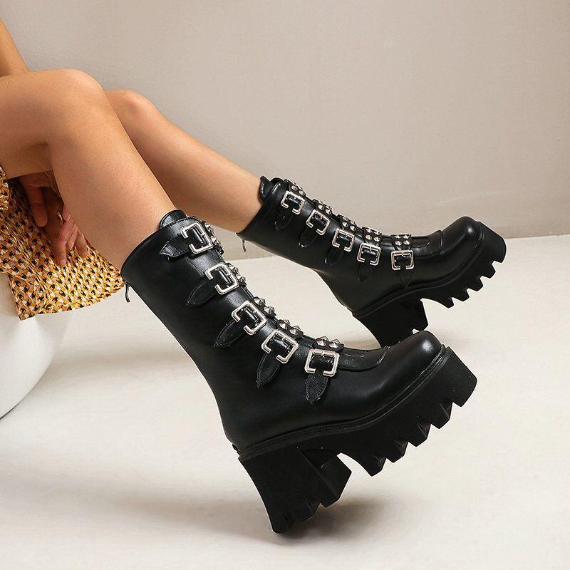 Ladies Punk Platform High-heeled Boots with Thick-soled Handsome Rear Zipper Large Size Stage Boot Fashion Women's Shoes PU