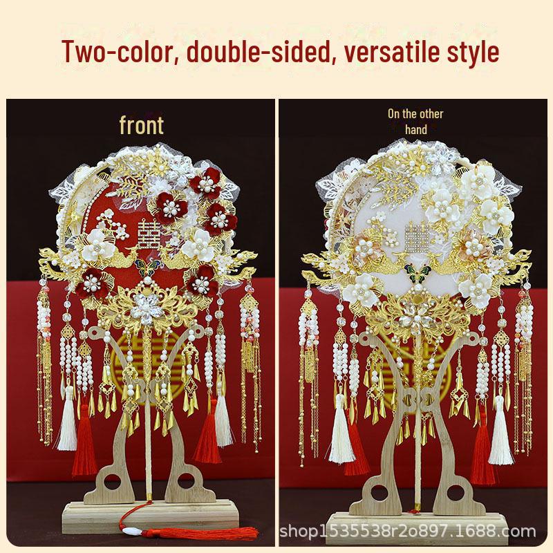 Красный кружевной свадебный круглый веер для одежды Xiuhe с двухсторонней маской своими руками - китайский стиль (9255)