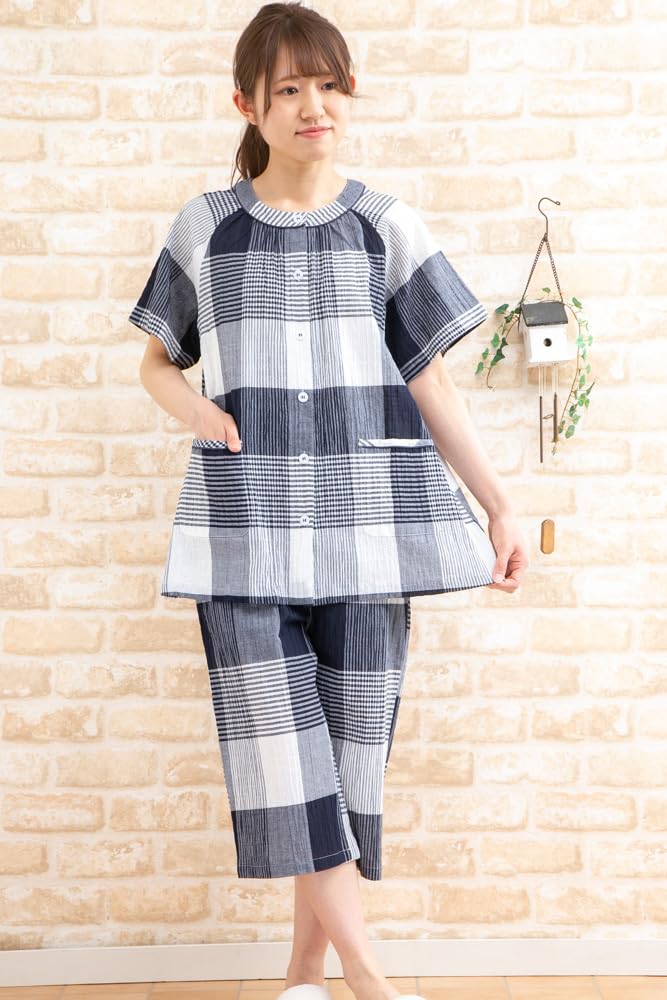 Eye Summer Short Front and Willow Check Sizes K's Women's Pajamas, Sleeves, Opening, 3/4 Pants, Skin-Friendly Cool, 100% Cotton, Pattern, Nightwear,