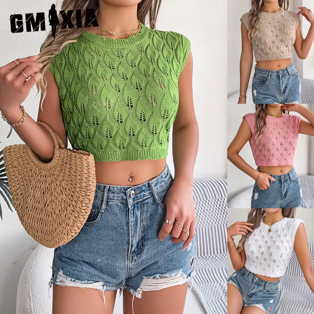 GMXIA Spring Summer Hollowed-out Leaf Crop Crop Knit Top for Women's Vacation