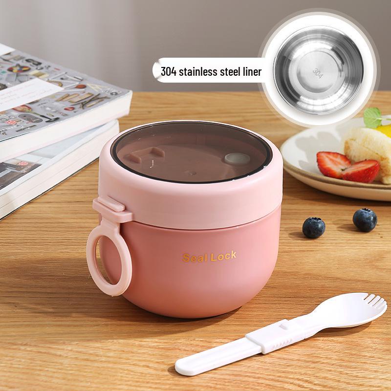 304 Stainless Steel Insulated Breakfast Cup with Lid & Spoon - Large Capacity for Porridge, Oatmeal, Milk; Portable for Students & Office Workers