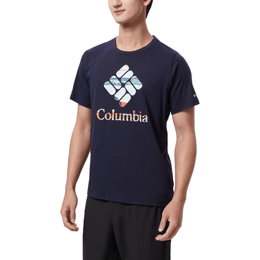 Columbia Мужская повседневная футболка с коротким рукавом и круглым вырезом, напечатанный логотип-буква, для улицы, синяя AE0403-467