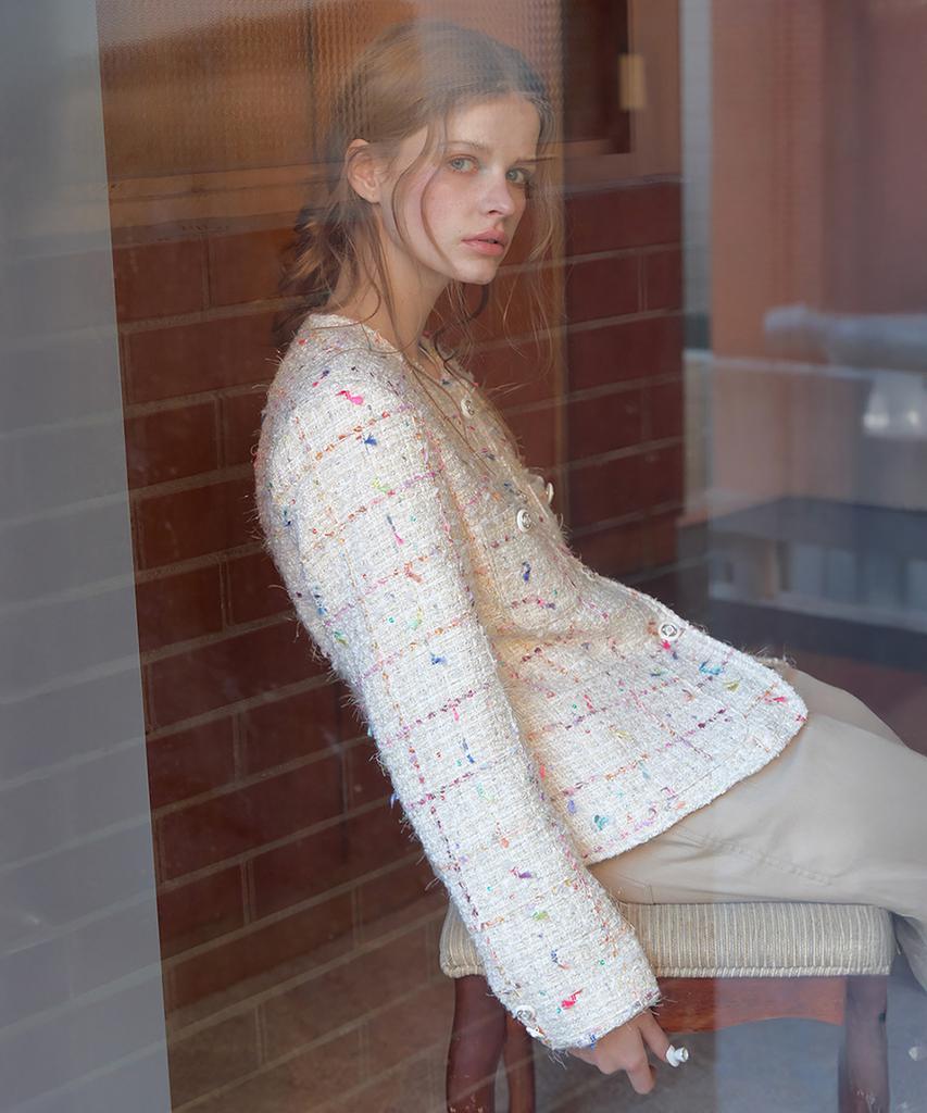 Lonque Round Neck Tweed Jacket (Ivory)