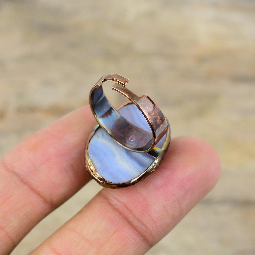 Кольцо с голубым кружевным агатом, гальванопластическое медное кольцо, регулируемые кольца, ювелирные изделия ручной работы, кольцо с драгоценным камнем, гальванопластическое медное ювелирное изделие, подарок на годовщину