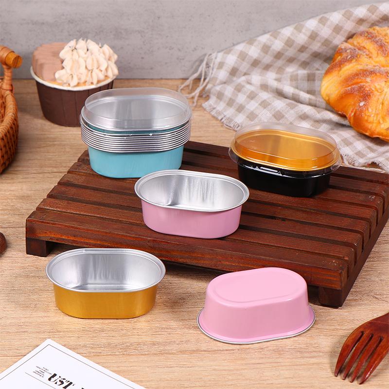 10 шт. Алюминиевые формочки для кексов с крышками, Антипригарные фольгированные формы для выпечки, 68 мл, Овальные десертные чашки для пудинга, Свадебные принадлежности