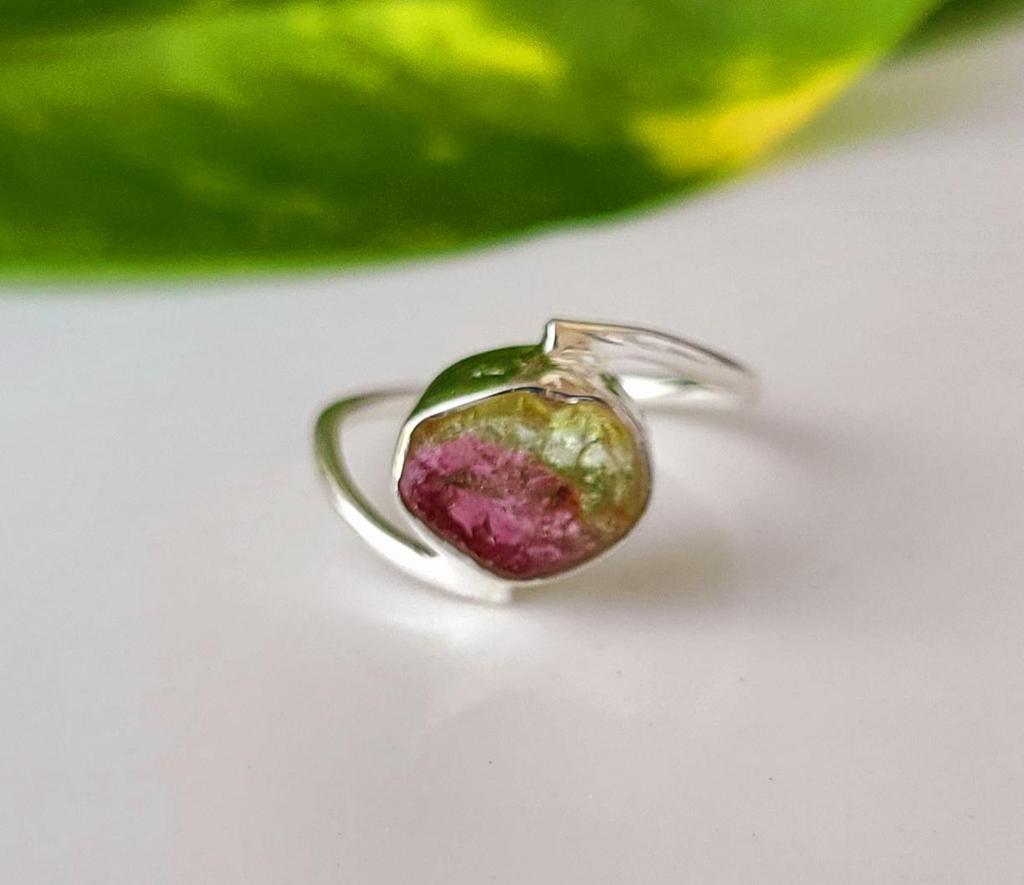 Green Pink Watermelon Tourmaline Gemstone 925 Sterling Silver Sz 4.5 US, Gift