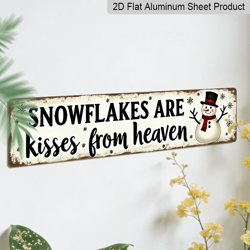 15.7×3.94inch White & Brown Distressed Rustic Vintage Snowflakes Are Kisses From Heaven" Metal Aluminum Decorative Sign Hanging Plaque with Snowman