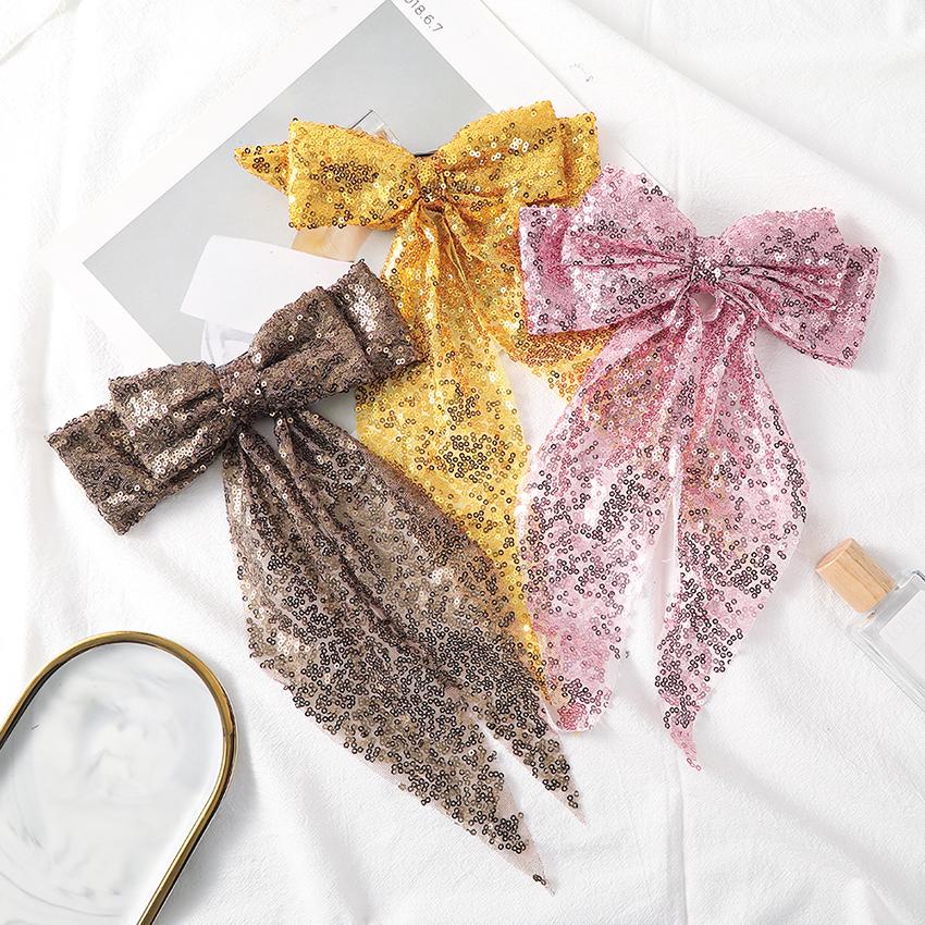 Glitter Sequin Bow Hair Clip Large Double Layer Lace Fashion Barrette Alloy Spring Bottom Clip Hair Bow Women Hair Accessories
