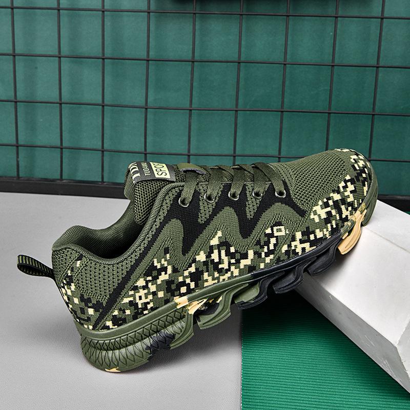 2025 новые легкие дышащие спортивные туфли из летучего трикотажа для улицы, камуфляжные туфли, нескользящая резиновая подошва, походные туфли, одобрение фабрики