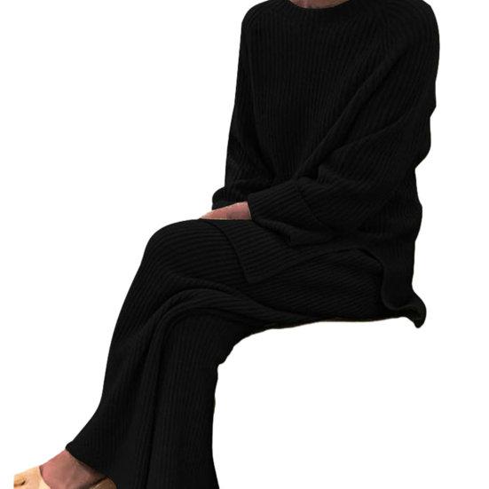 Женский комплект из 2 шт./компл., свитер, брюки, вязаный эластичный круглый вырез, свободный, с широкими штанинами, с эластичной резинкой на талии, толстый, мягкий, теплый, домашняя одежда, одежда для сна, женская зимняя осень