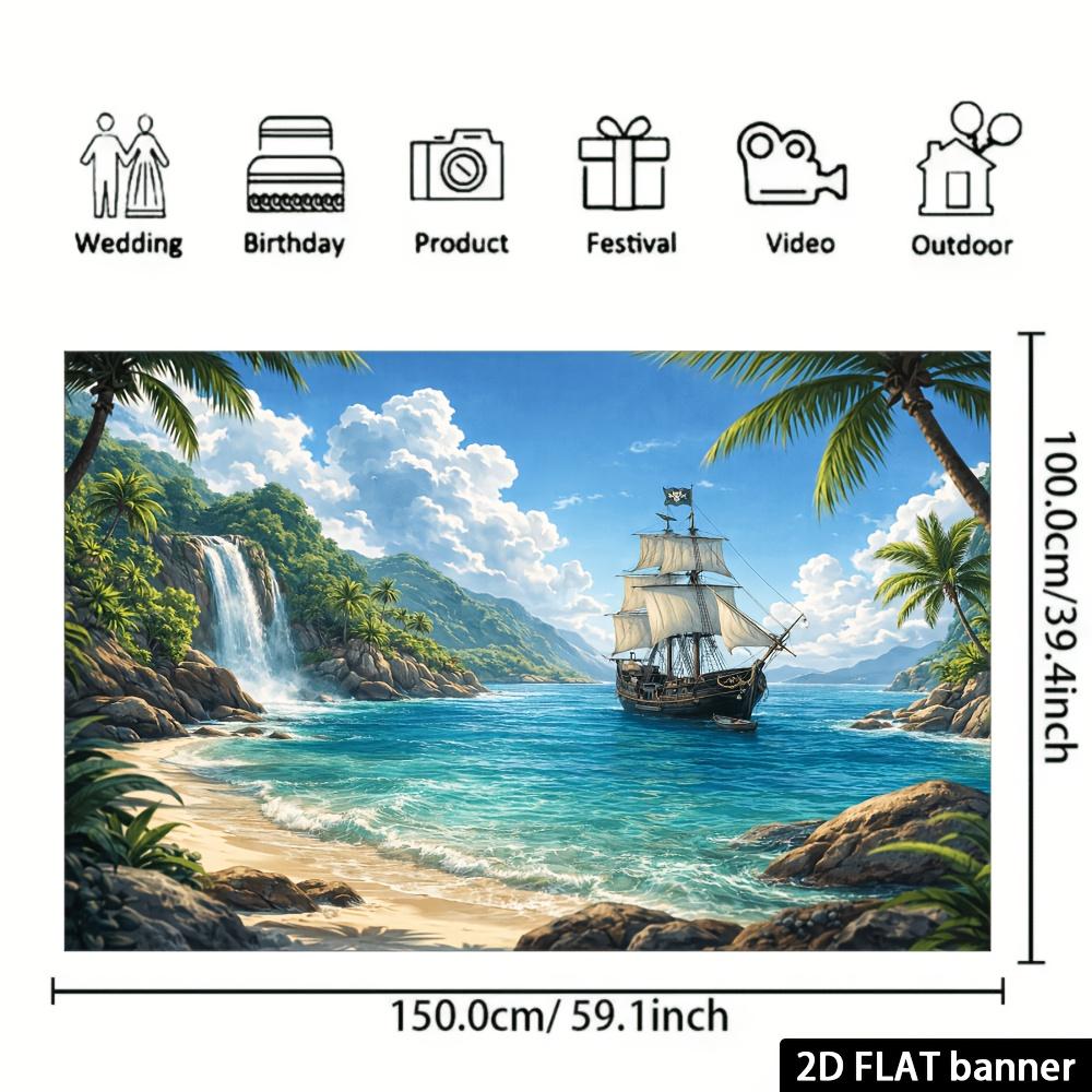 2D Plane Tropical Beach Pirate Ship Waterfall Background Fabric Indoor and Outdoor Home Decoration Party Use
