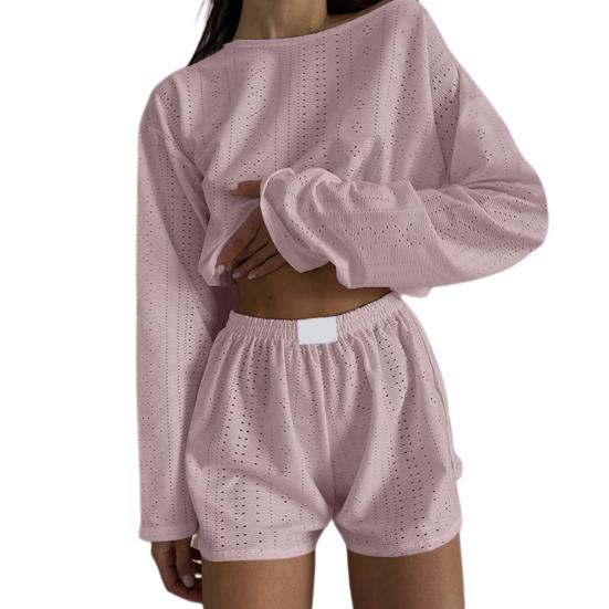2 шт./компл., женский топ, шорты, наряд с открытой эластичной резинкой на талии, свободные, с длинными рукавами и круглым вырезом, тонкие однотонные дышащие мягкие домашние футболки, комплект с шортами