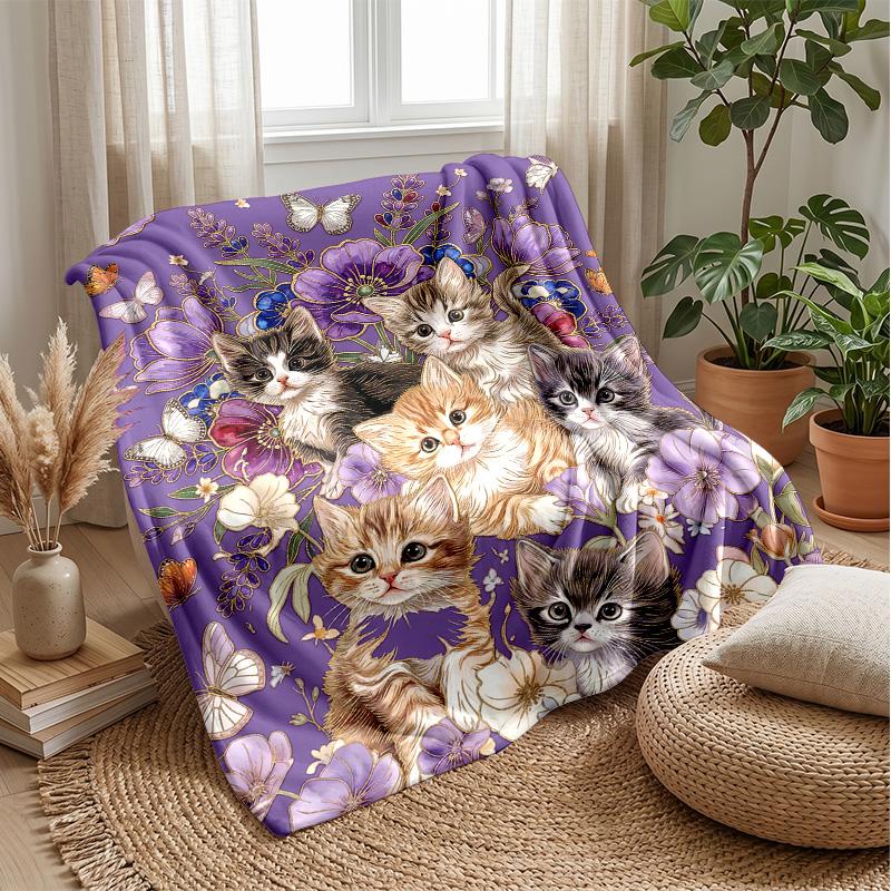 Floral Kittens Dreamscape Theme blanket Lightweight Warm Flannel Blanket Decorative Throw Blanket for Home Decoration