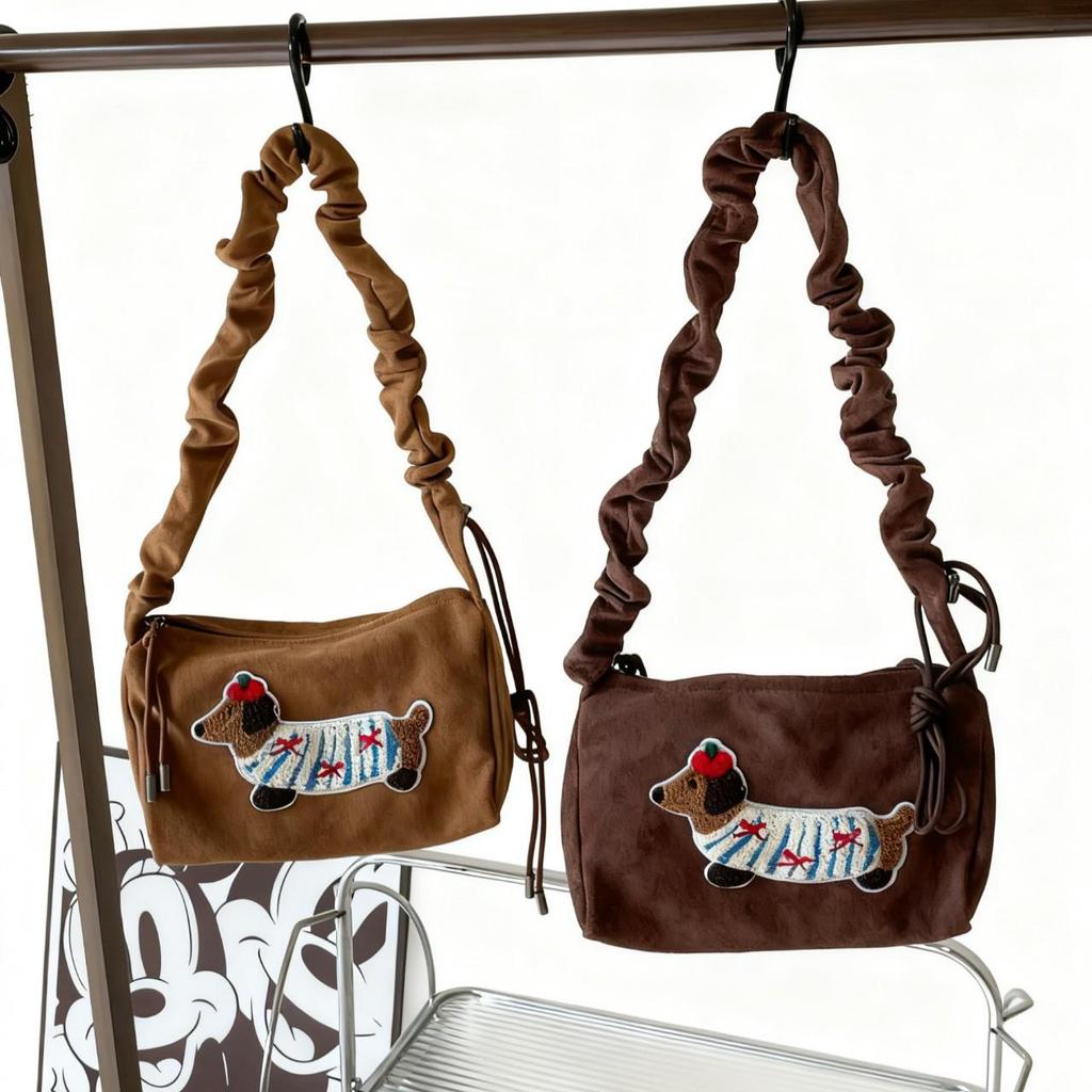 Милая мультяшная сумка-тоут из замши с таксой - 2025 Нишевая женская квадратная сумка под мышкой