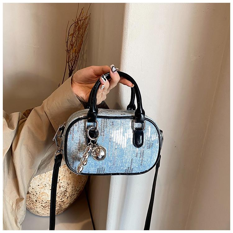 Ielgy Korean Style Denim Sequined Portable Bowling Bag Contrast Color One-Shoulder Messenger Small Square Bag