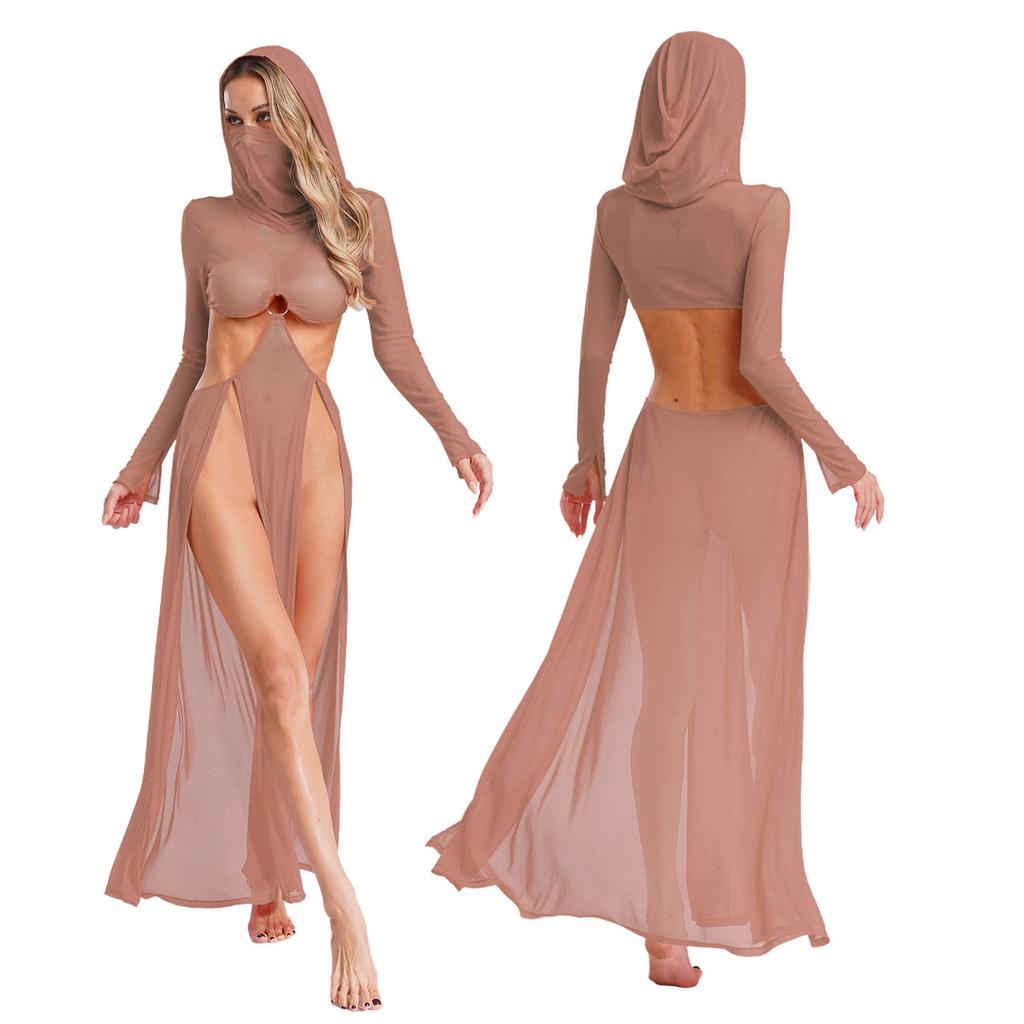 Fashion Women Sheer Dress Maxi Hollow Out Mesh Coverup with Long Sleeves Hooded Mask and High Slit, Sexy Party Club Wear