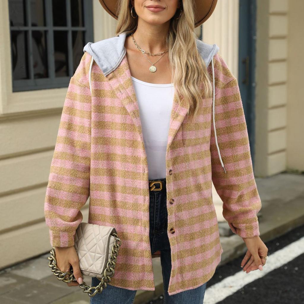 Женский свободный повседневный клетчатый топ с капюшоном и однобортным шерстяным пальто