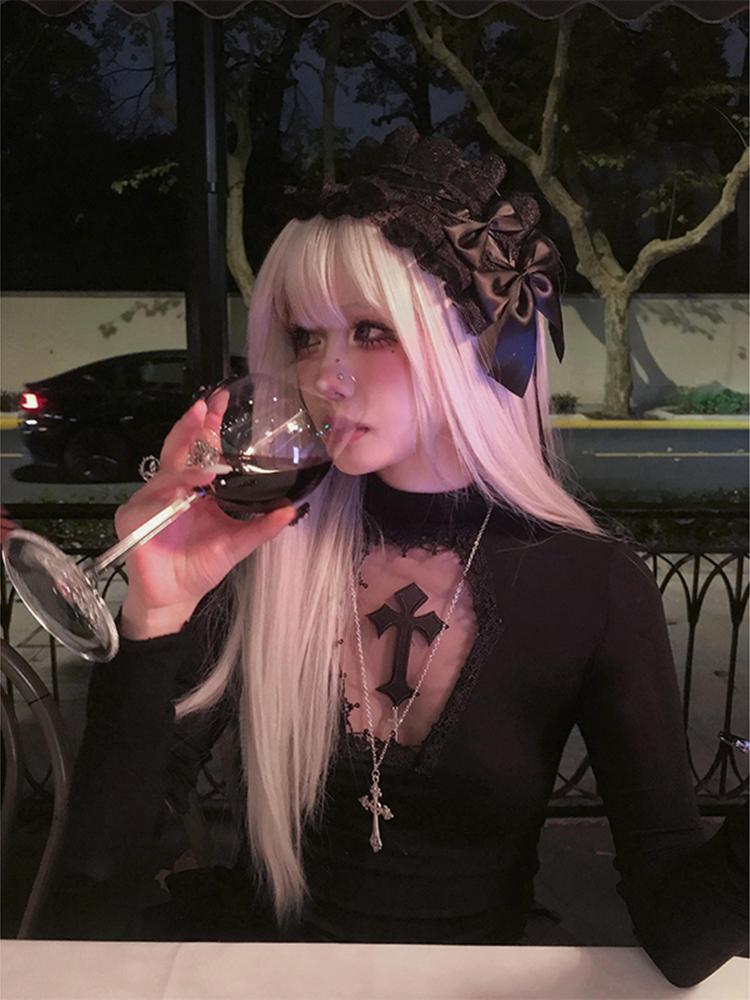 Водолазка Топ Y2k Одежда Черный Готический Крест Полый Утягивающий Низ Футболка для Женщин Длинный Рукав Сексуальная Футболка Топы Для Девочек