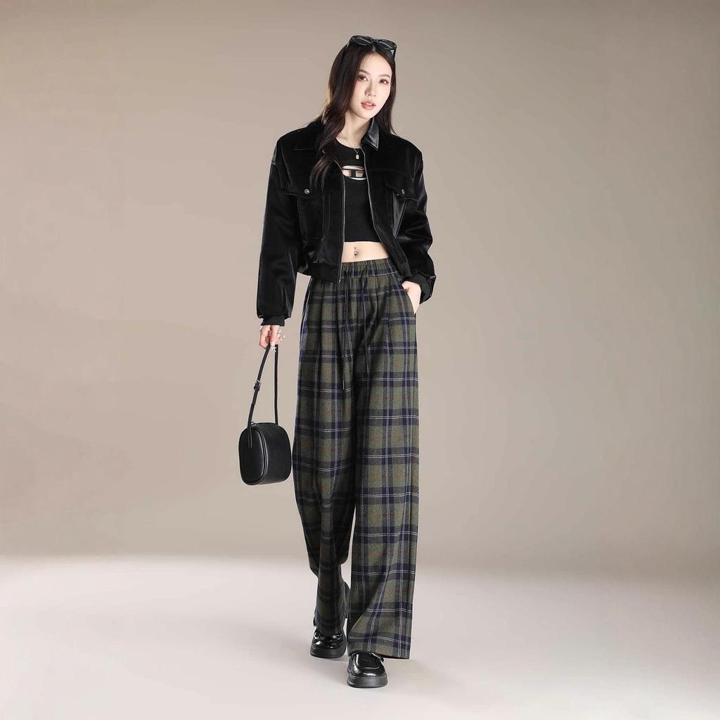 Women's Retro Wool Plaid Velvet-Lined Wide-Leg Pants