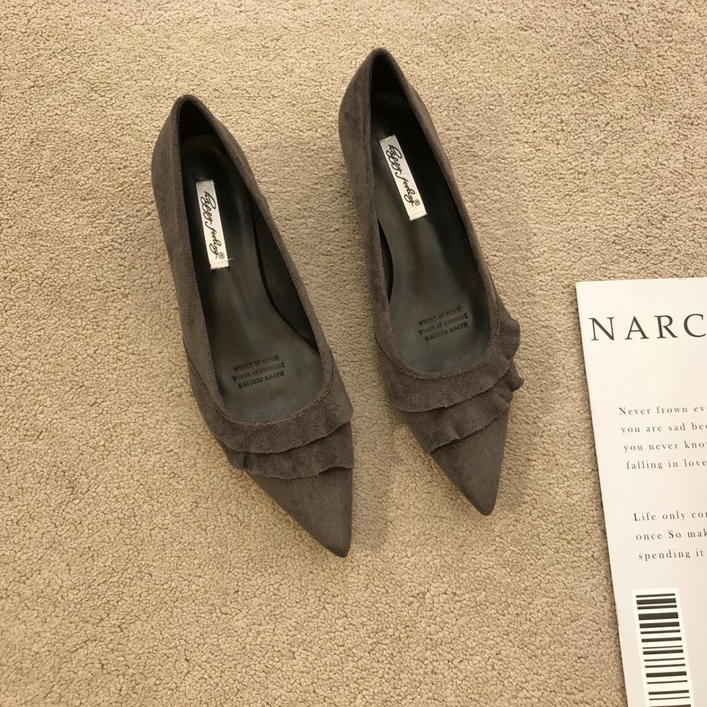 Остроносые французские туфли с открытым верхом на толстом каблуке из замши, женские 2025, новая мягкая подошва, универсальные, для юбки, для работы, вечерние туфли