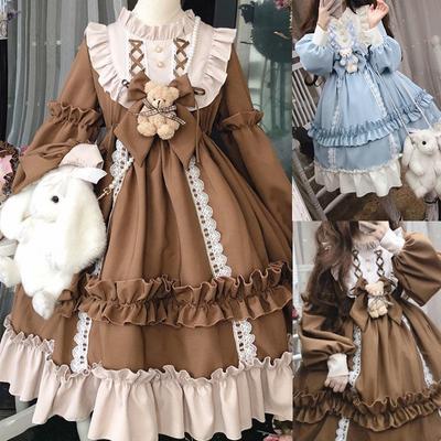 Японское готическое платье Лолиты, женское кавайное кружевное синее платье с бантом и медведем, платье принцессы с длинными рукавами, костюм на Хэллоуин, подарок для девочек
