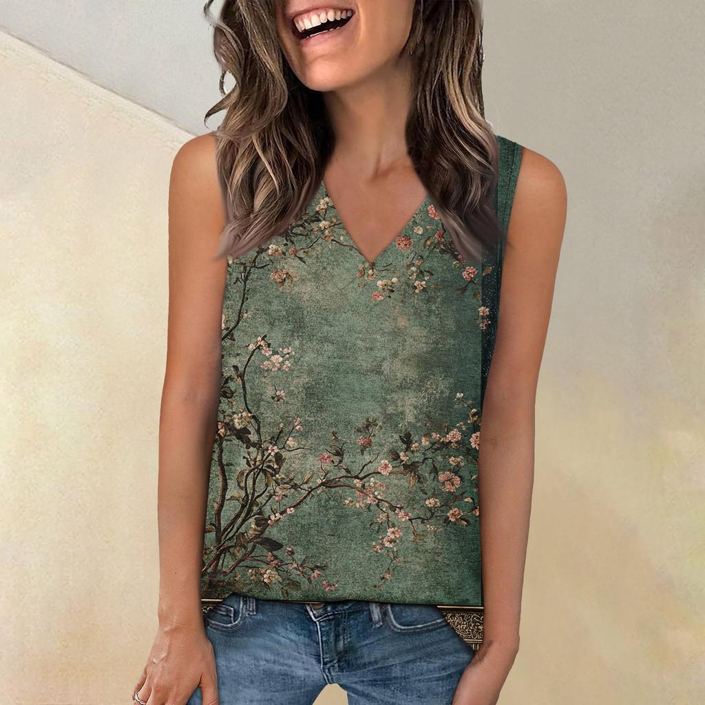 Tank Top Women Casual Printed Soft Summer V Neck Sleeveless Tops