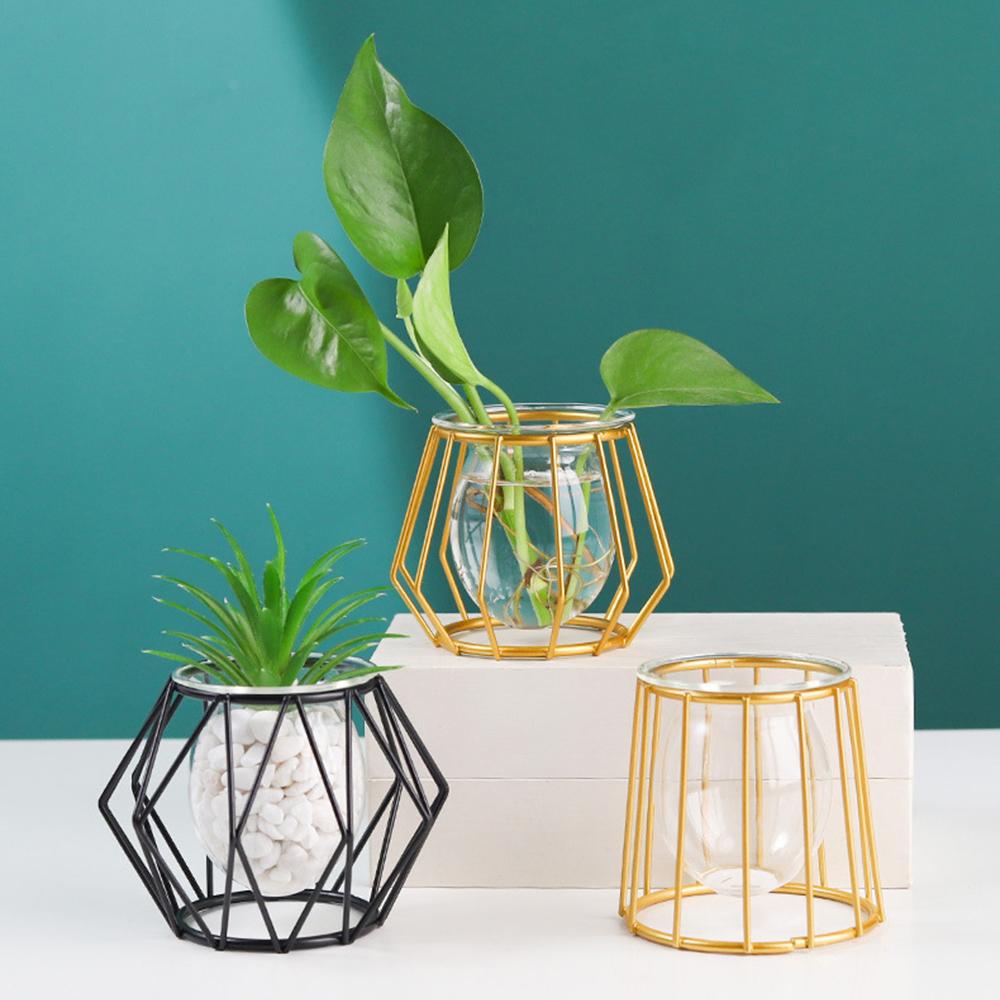 Ornament Plants Frame Hydroponic Vase Terrarium Metal Holder Glass Planter Iron Geometric Pattern