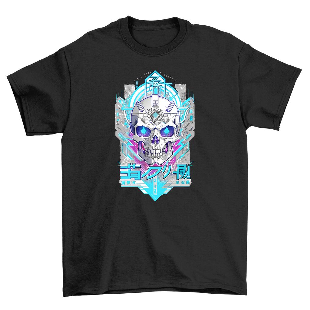 Blue Tech Anime Skull - Funny Skull Graphic Tee, Unisex Cotton T-Shirt Mens Womens Tees Top, Perfect