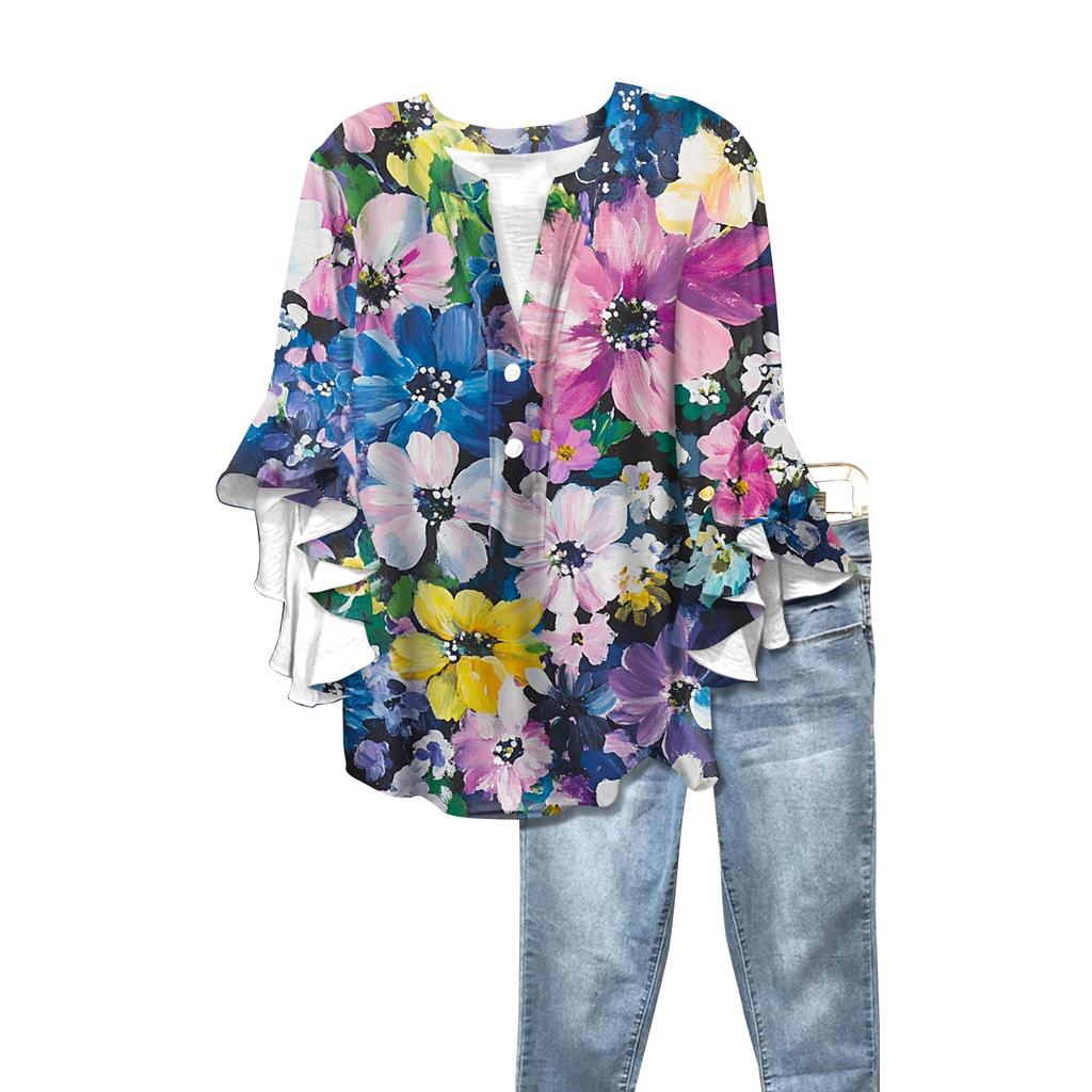 Summer Women's Tops V Neck Three Quarter Sleeve Shirt Vintage Floral Print Tops Casual Shirts