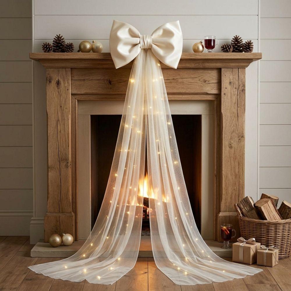 Long Tulle Drapes Christmas Tree Topper Bow Sheer Organza Tree Decorations Bow Christmas Tree