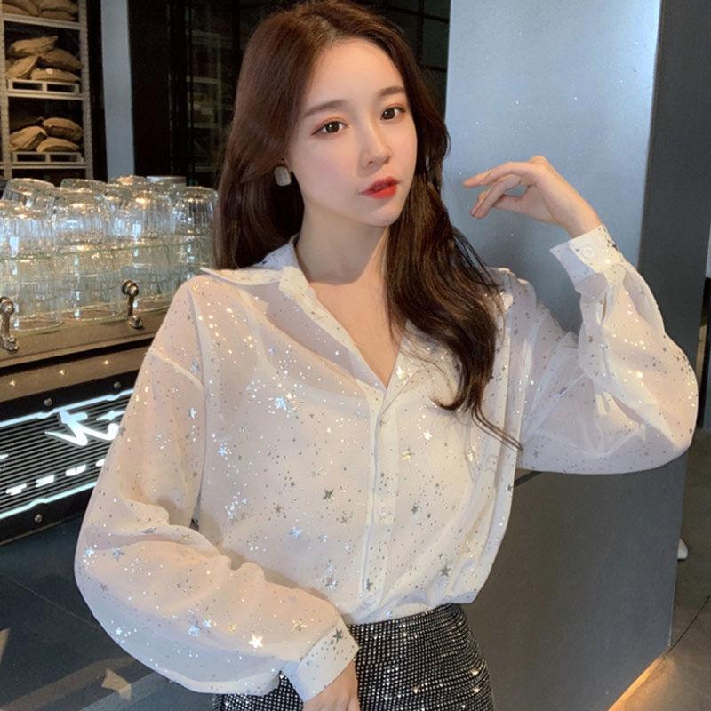 Summer Korean Loose Sparkling Star Chiffon Shirt Women's Top Sun Resistant Long Sleeved Shirt