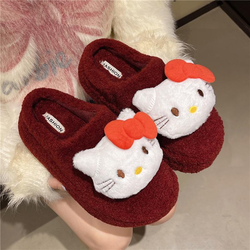 Теплые хлопковые тапочки Hello Kitty на осень и зиму, домашние комнатные, для ношения на улице, нескользящая мягкая подошва, пушистый хлопковый моп