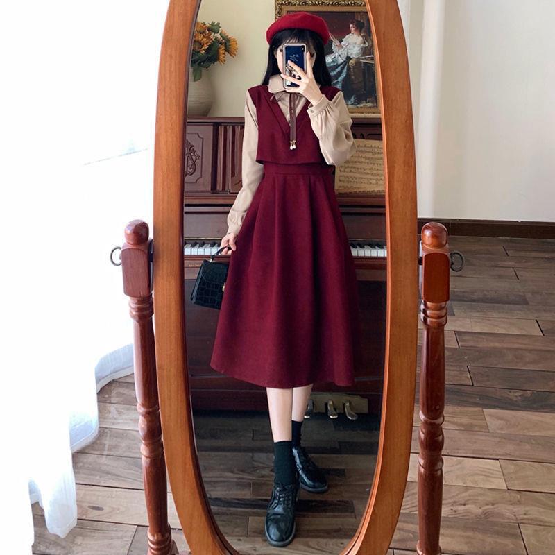 Платье большого размера с высокой талией, многослойное, из двух частей, с эффектом осеннего корейского стиля в колледже