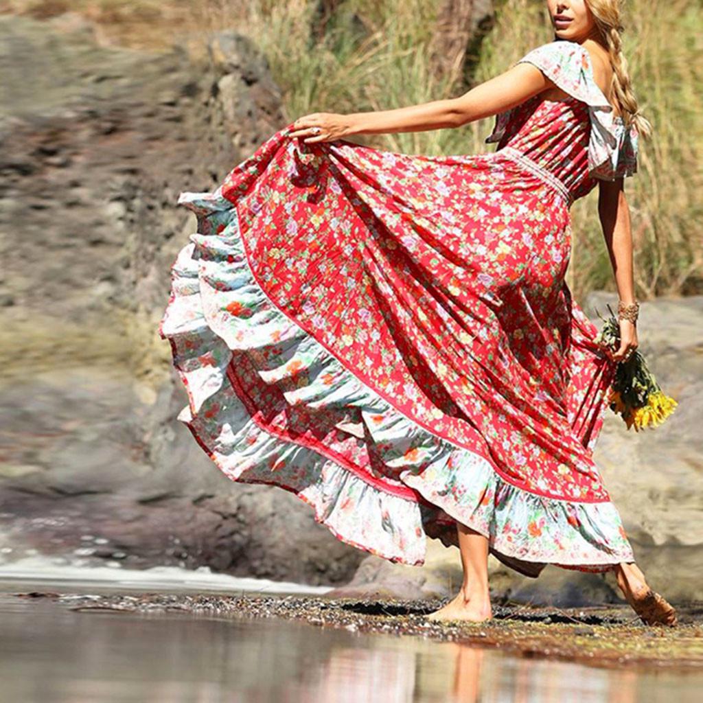 Женские летние шифоновые пляжные длинные платья в богемном стиле с V-образным вырезом на талии