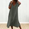 Женское летнее платье Свободное лоскутное плиссированное трапециевидное платье сплошного цвета с V-образным вырезом и короткими рукавами до середины икры Повседневная повседневная одежда Платье миди