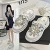 Весенние новые женские кроссовки тапочки дизайнерские мюли на платформе плоские сандалии милые повседневные туфли на шнуровке с жемчугом и кристаллами женские туфли
