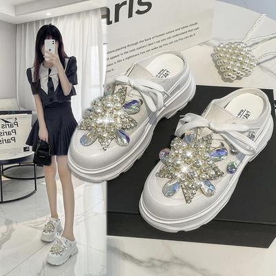 Весенние новые женские кроссовки тапочки дизайнерские мюли на платформе плоские сандалии милые повседневные туфли на шнуровке с жемчугом и кристаллами женские туфли