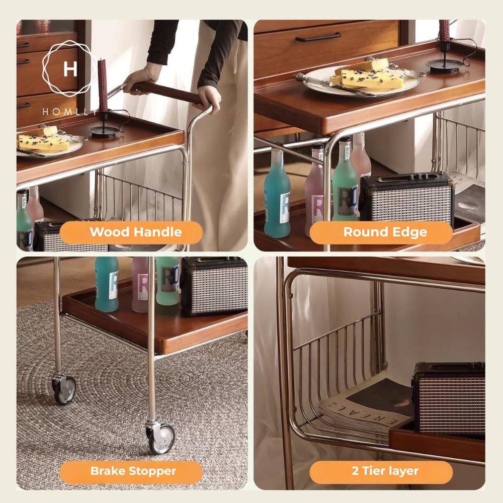 Homlly Bisii Mid-Century Rectangular Rolling Serving Cart Trolley