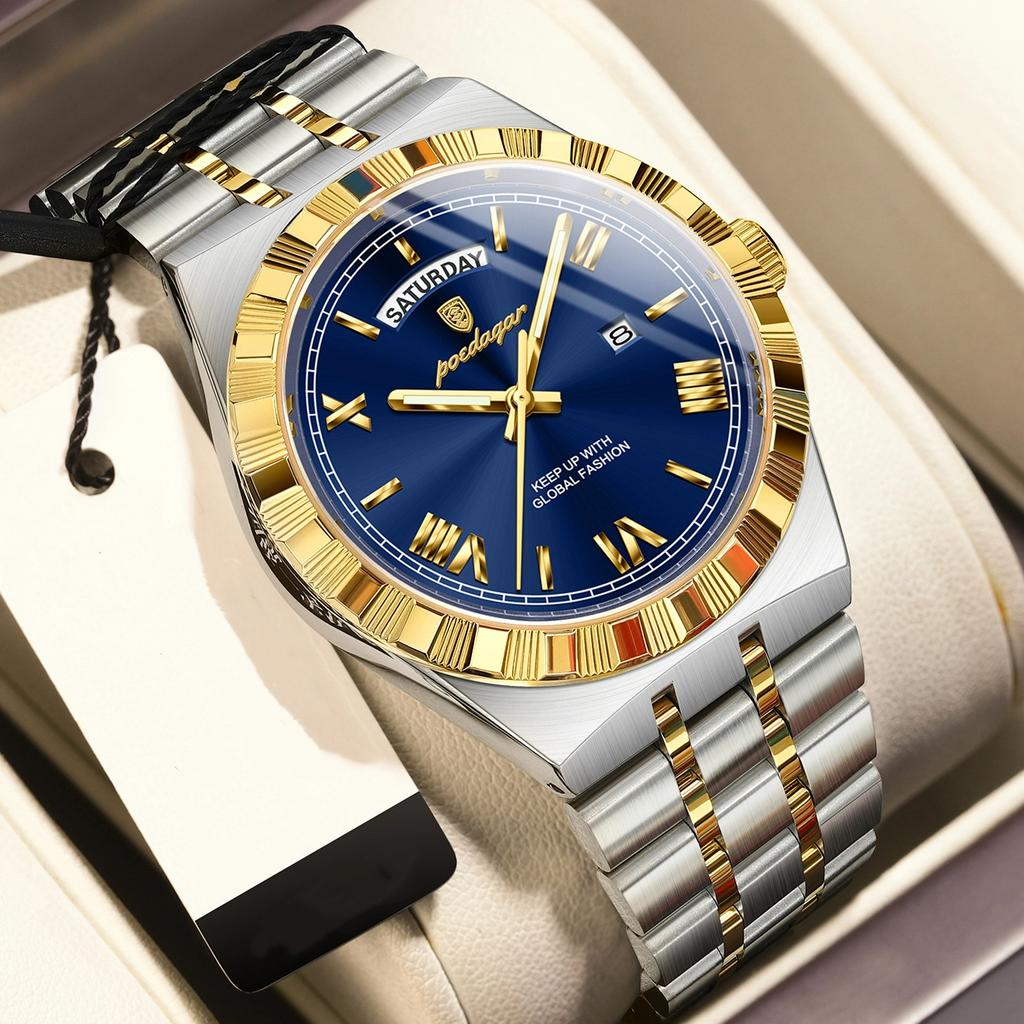 POEDAGAR Business Male Watch Luminous Waterproof Stainless Steel Men Wristwatch Week Date Quartz Fashion Men's Watches