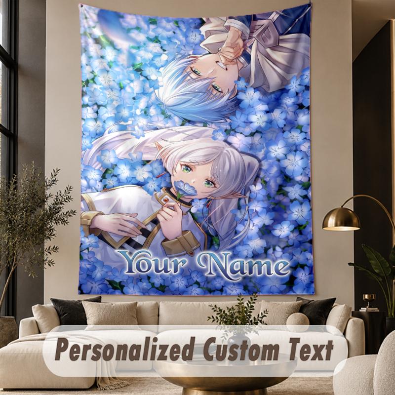 Custom Text Printed Tapestry Frieren Beyond Journey's End Pattern Large Wall Hanging Indoor Room Decor