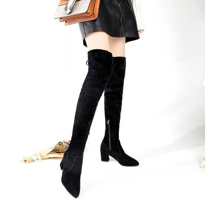 Большие размеры, повседневные сапоги выше колена на толстом каблуке, осенне-зимние замшевые длинные узкие сапоги, размер 35-41