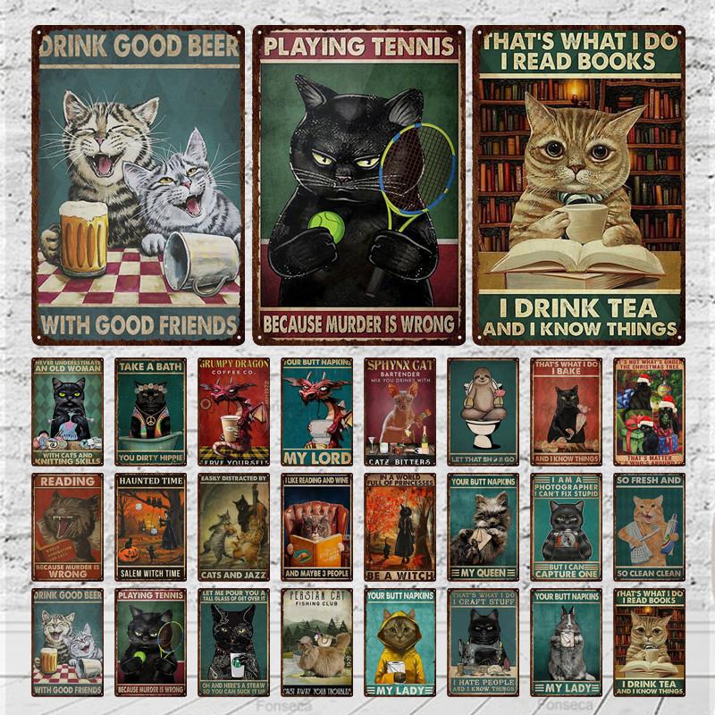 Вывеска с изображением кошек, расписная металлическая вывеска для комнаты, декорированный бар, настенный постер, жестяная банка, винтажное ощущение ржавчины, напиток, железная тарелка, украшение для отеля с пивом