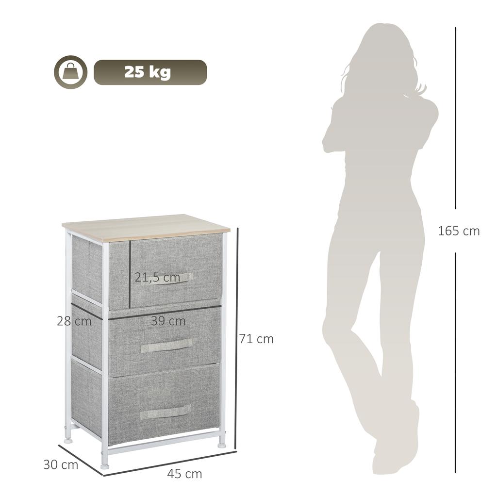 3-Drawer Fabric Chest of Drawers Grey Steel Frame 45x30x71cm
