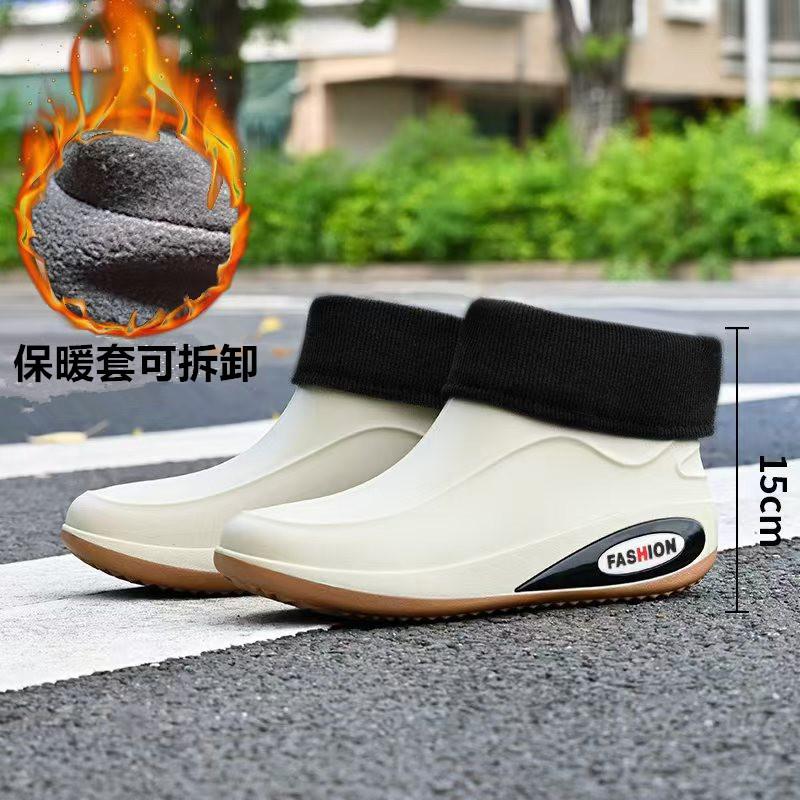 Зимние фиксированные бархатные теплые водонепроницаемые клеевые туфли модные мужские короткие дождевые туфли вейдерсы короткие ботинки уличные мужские резиновые сапоги теплые хлопковые туфли