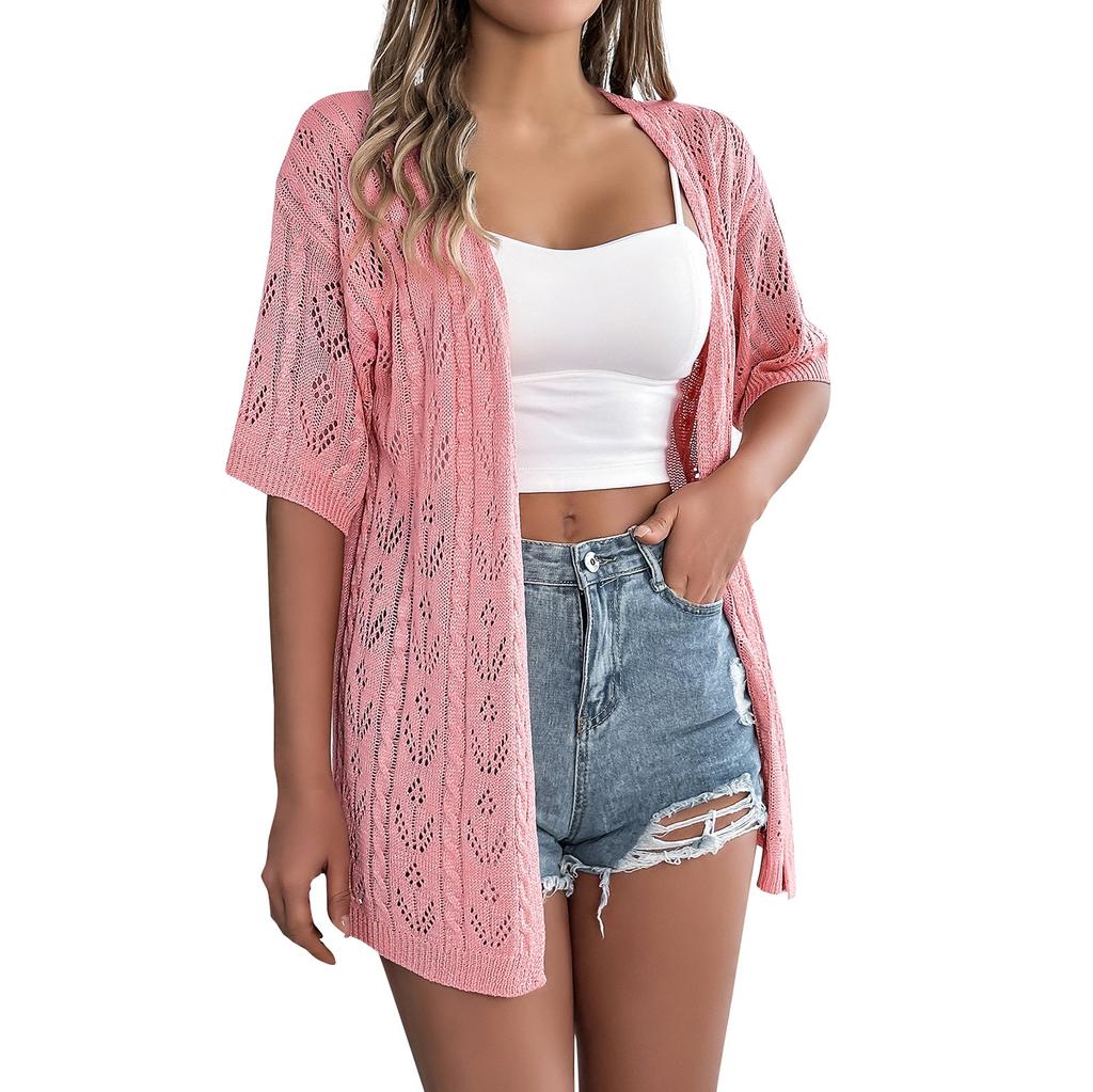 Женский модный однотонный вязаный кардиган с короткими рукавами и открытой рубашкой от солнца