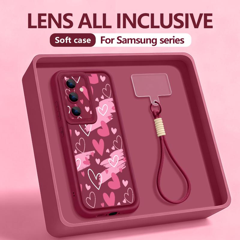 Wrist Lanyard Phone Case For Samsung Galaxy S26 S24 S25 Ultra S23 S25 FE A57 A17 A56 A16 A55 A54 A15 A25 Love Heart Print Cover