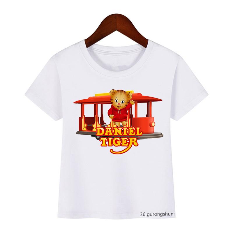 Модная детская футболка, милая футболка с мультяшным принтом Daniel Tiger's Neighborhood для мальчиков, летние футболки в стиле Харадзюку для девочек, белые топы
